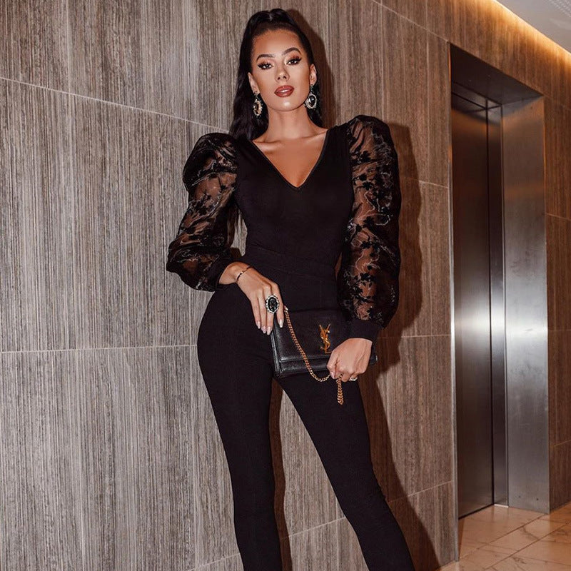 Round Neck Mesh Puff Sleeve Bodysuit