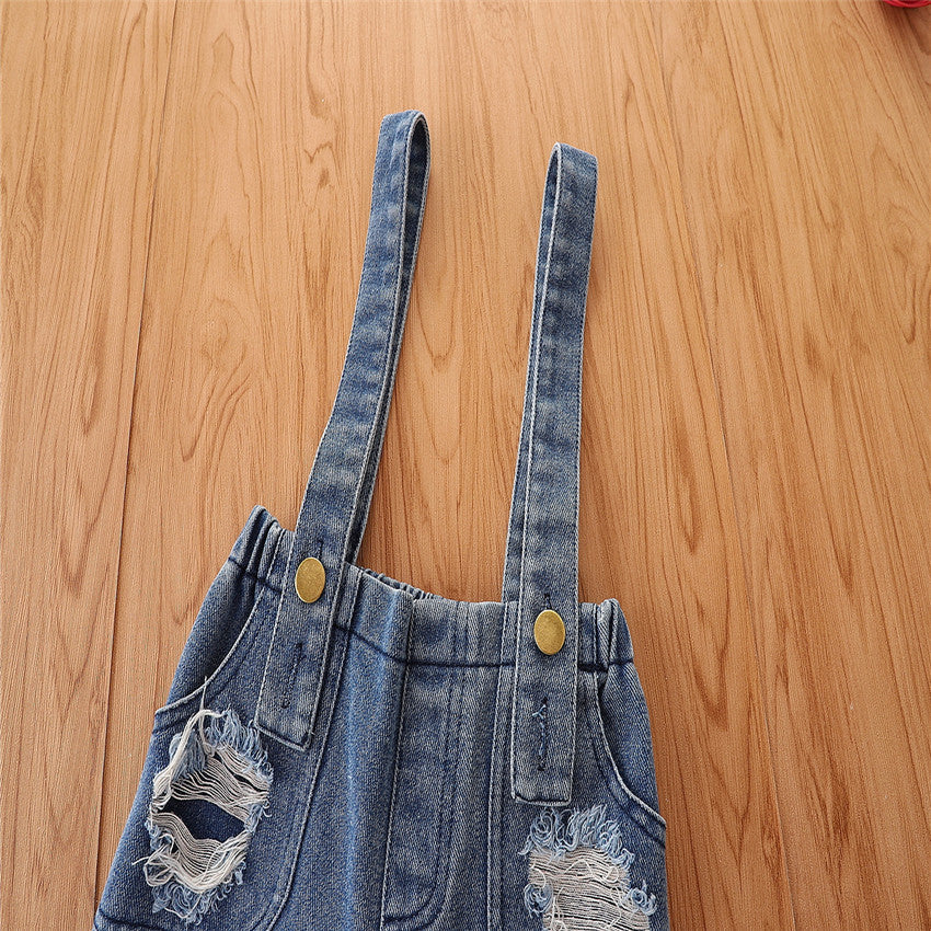 Girls' Suit New Children's Mesh Sleeves Top Denim Suspender Pants Two-piece Set