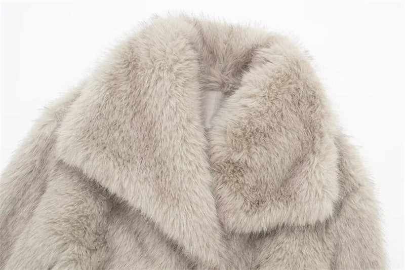 Cardigan à revers et manches longues en fausse fourrure pour femme, manteau court et ample