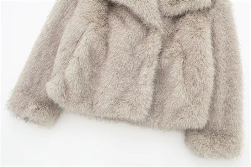 Cardigan à revers et manches longues en fausse fourrure pour femme, manteau court et ample