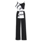 Striped jumpsuit with suspenders and bow