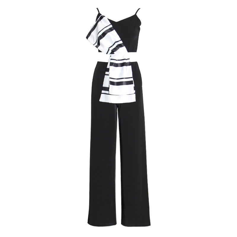 Striped jumpsuit with suspenders and bow