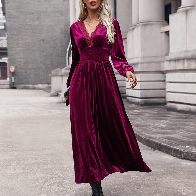 Robe longue en dentelle patchwork élégante en velours