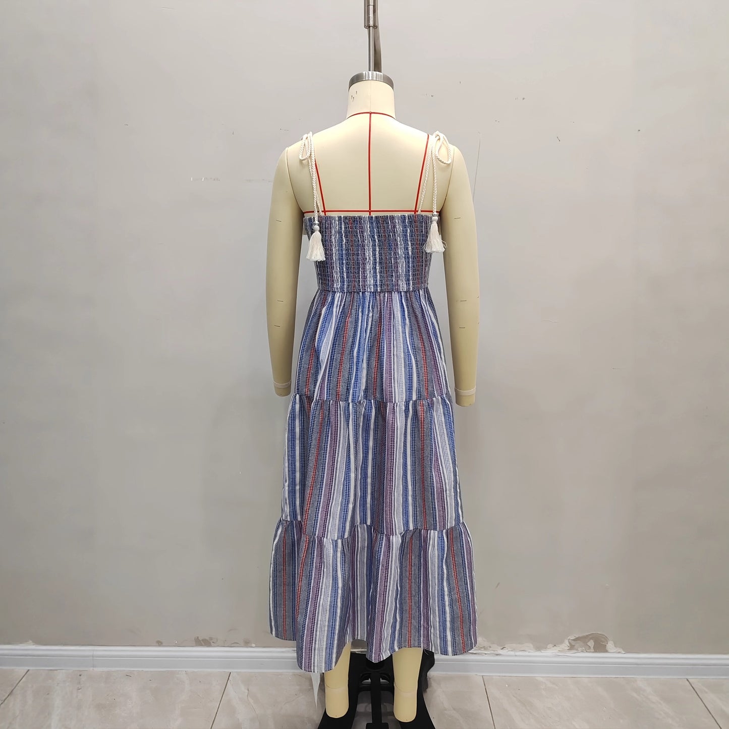 Blue And White Striped Strapless Back Waist Gathered Waist Dress
