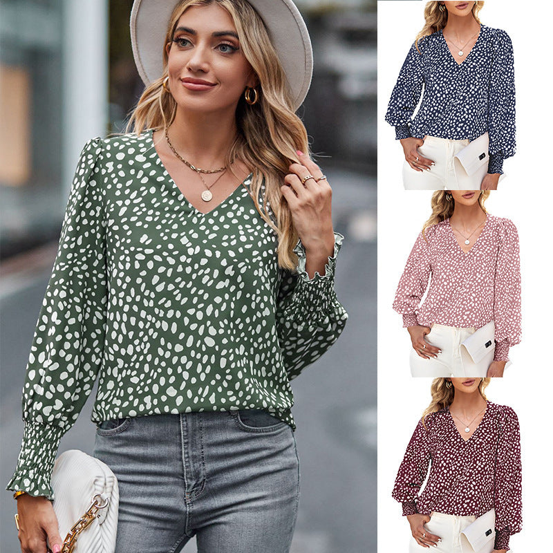 Chemise ample en mousseline imprimée à manches longues et col en V pour femme