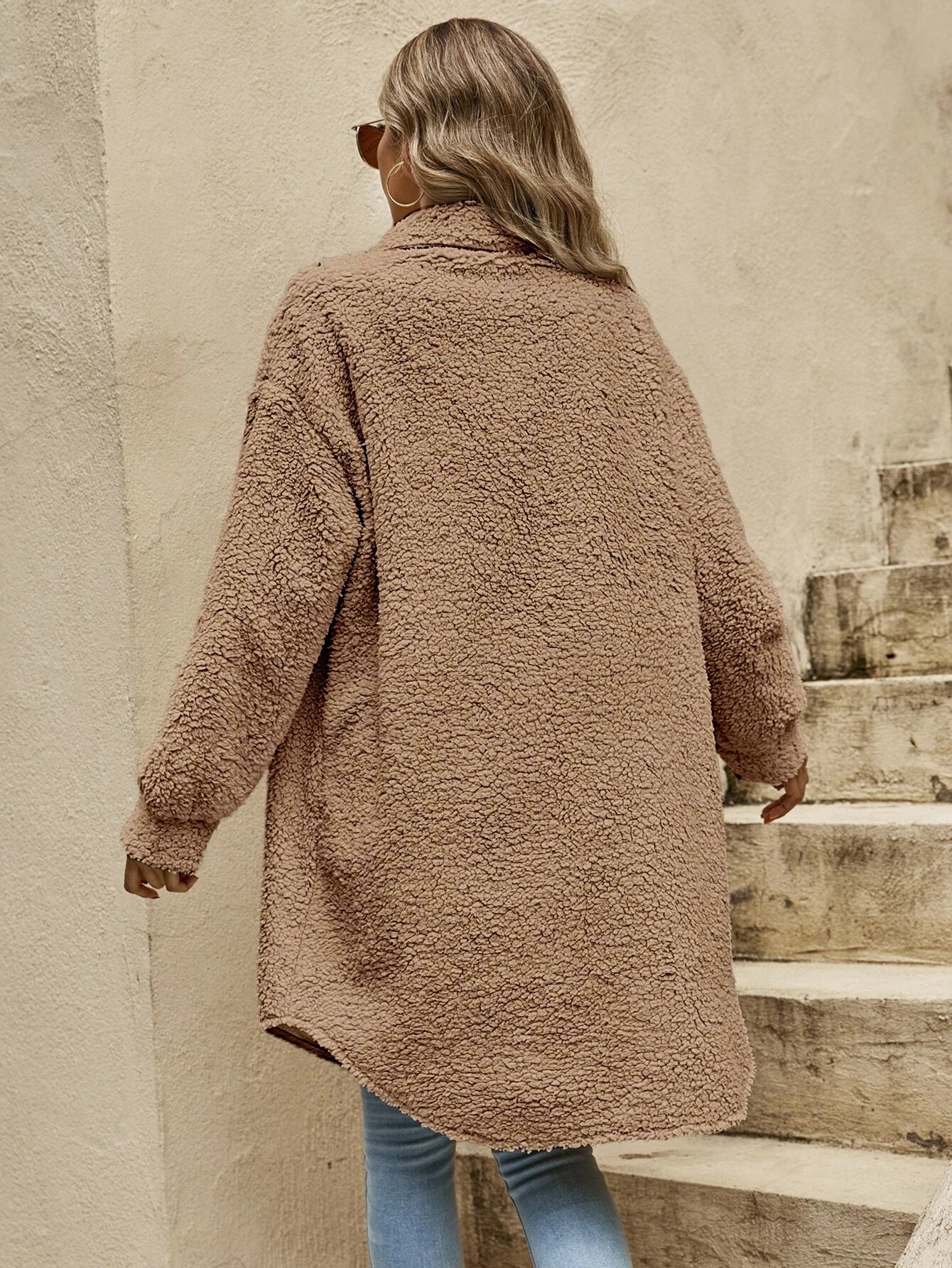 New European And American Winter Open Button Lapel Plush Coat Loose Long-cut Coat Women
