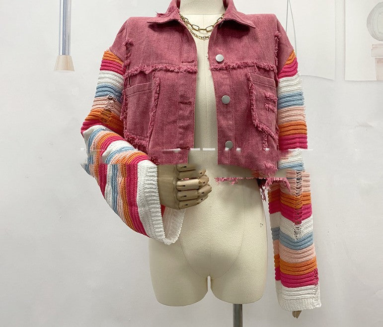 Fall Winter Cowboy Patchwork Knitting Coat Female Rainbow Ripped Long Sleeves Cropped Jacket