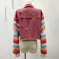 Fall Winter Cowboy Patchwork Knitting Coat Female Rainbow Ripped Long Sleeves Cropped Jacket