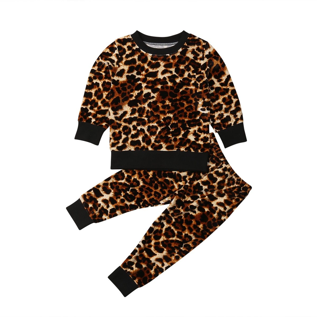 Ensemble deux pièces t-shirt à manches longues et pantalon en velours corail à imprimé léopard