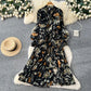 V-Neck Lace-Up Waist-Fitted Printed Chiffon Dress For Women