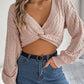 Knot V-neck Lantern Sleeve Midriff-baring Sweater