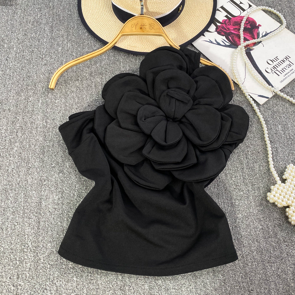 Pure Desire Three-dimensional Large Flower Diagonal Collar One-shoulder Top