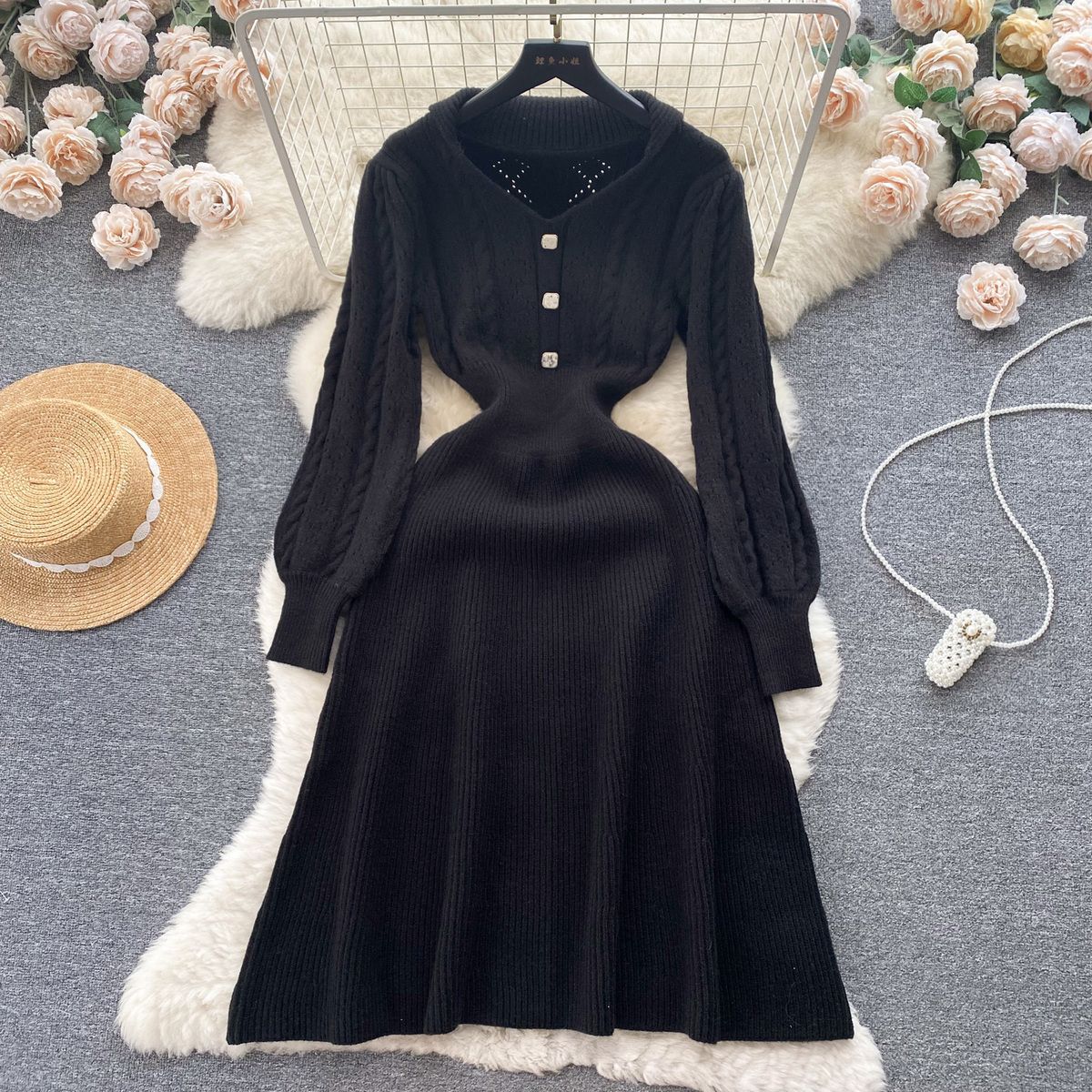 Casual Fashion Retro Long-sleeved Knitted Dress Waist Slimming Elegant Inner Match Long Dress