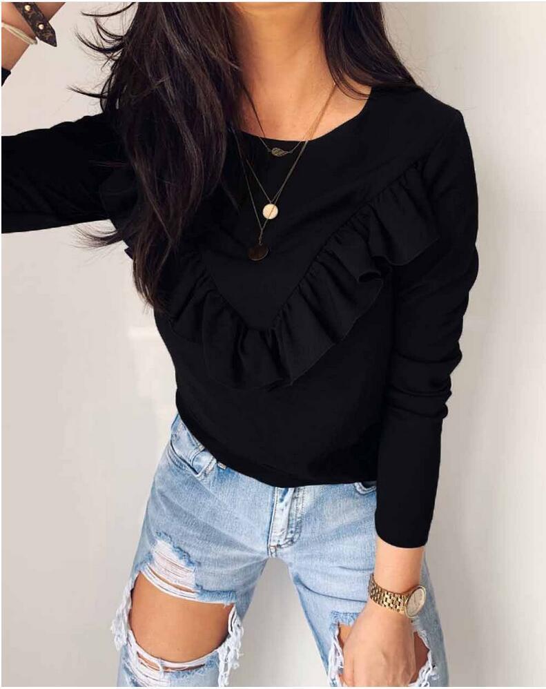 Ruffled round neck long sleeve top