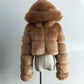 Manteau court à capuche en fausse fourrure à manches longues
