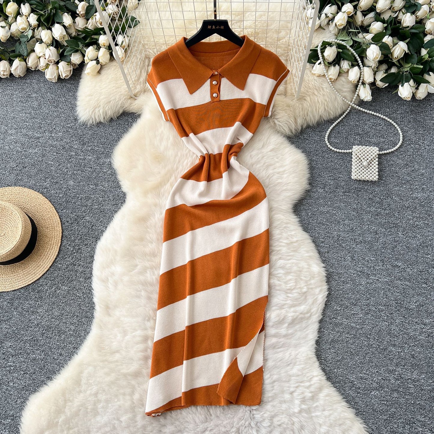 Niche Vintage-style Fashion Polo-neck Short-sleeve Contrast-striped Knit Dress