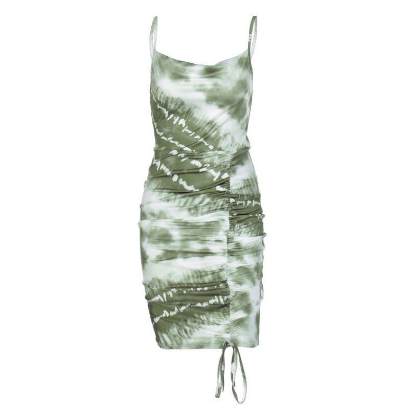 Fashion Print Drawstring Suspender Dress