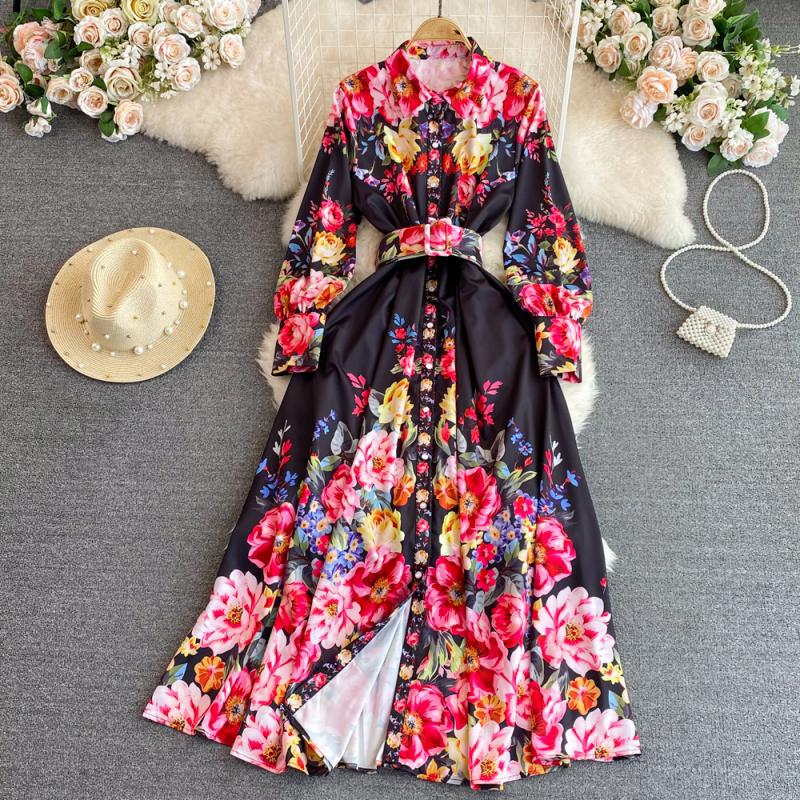 Light Luxury Lapel Puff Sleeve Single-breasted Printing A Words Dress