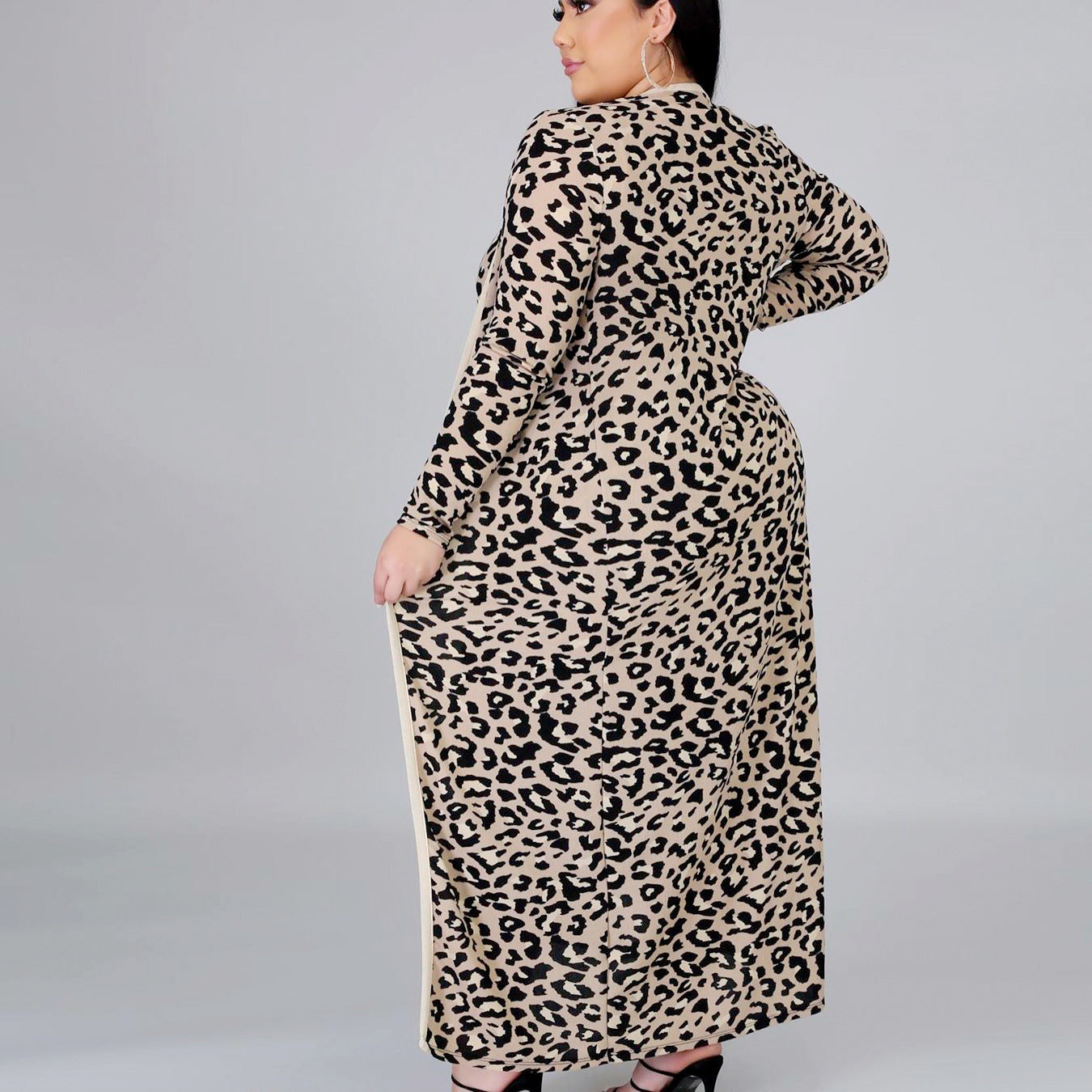 Casual Leopard Print Long Sleeve Jacket Vest Dress