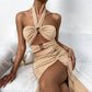 Drawstring halter halter pleated dress