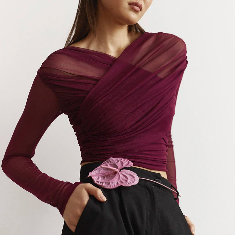 Women's Pleated Long-sleeved T-shirt Top