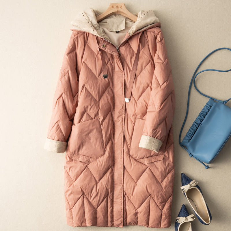 Medium Long Loose Warm Fashion Coat Women's Knitting Wool Hooded Down Jacket