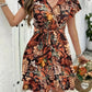 Summer French High Waist Floral Tie-neck V-neck Short Sleeve Dress