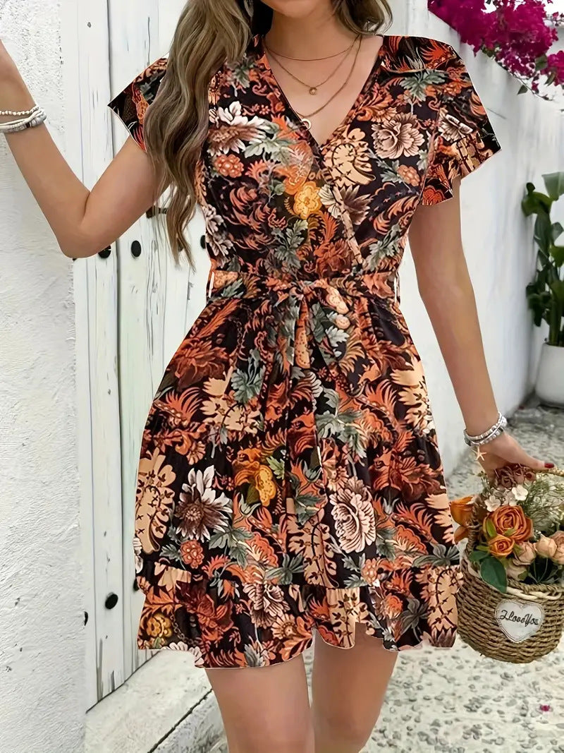 Summer French High Waist Floral Tie-neck V-neck Short Sleeve Dress