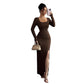 Women's Solid-Color Slimming Knitted Long-Sleeve Split Dress