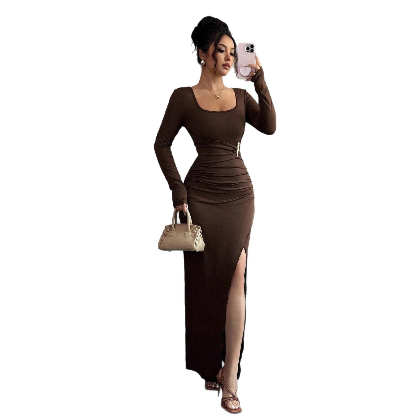 Women's Solid-Color Slimming Knitted Long-Sleeve Split Dress