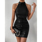 European And American Style Women Halter Pleated Sequins Tight Dress