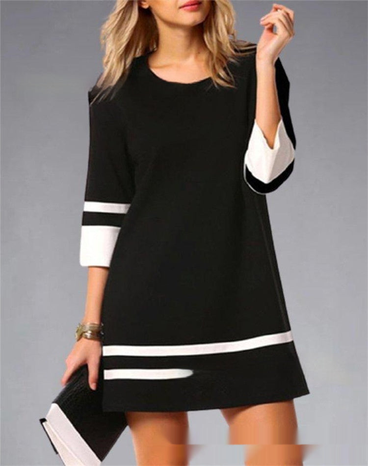 Women's Plaid Stitching Round Neck Slim Fit Dress