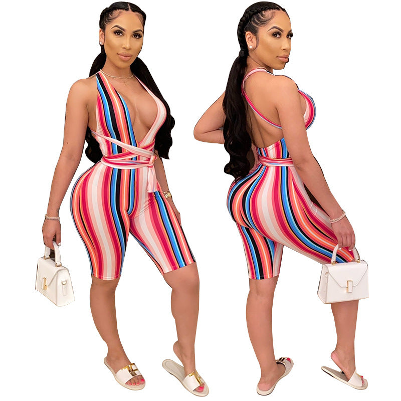 Colorful striped tie sports jumpsuit