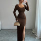 Women's Solid-Color Slimming Knitted Long-Sleeve Split Dress