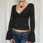 Temperament Red Lace V-neck Mesh Long-sleeved Top For Women