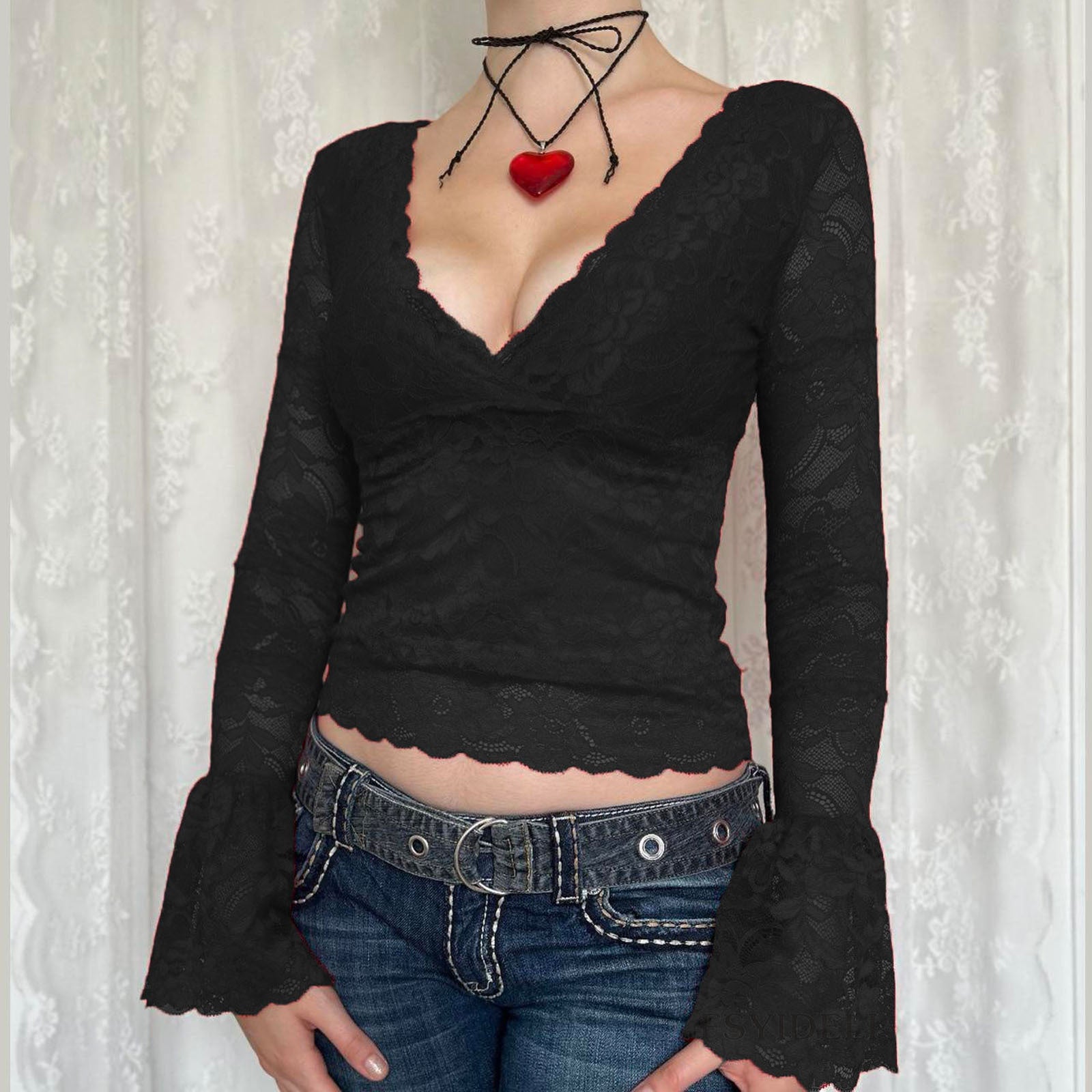 Temperament Red Lace V-neck Mesh Long-sleeved Top For Women