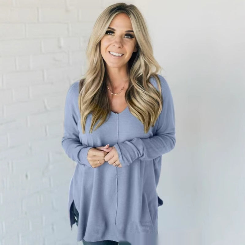 Pull ample à manches longues pour femme, design cousu sur le devant