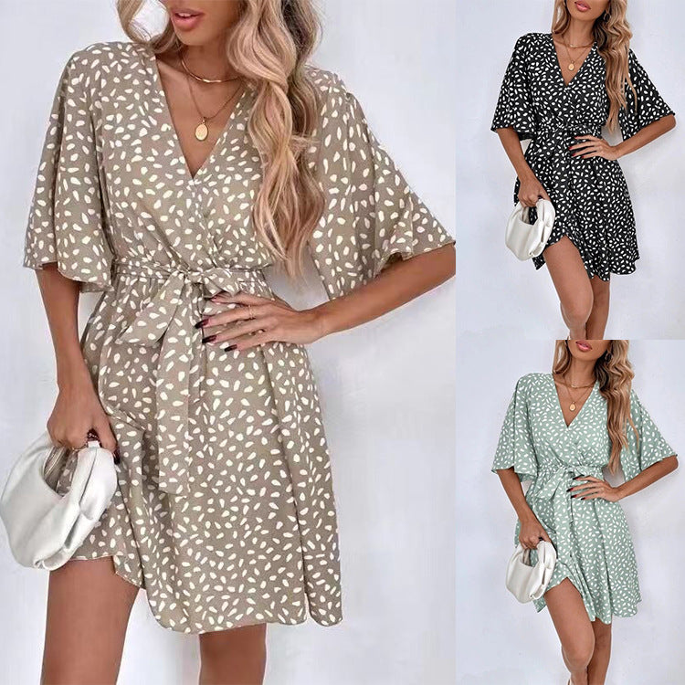 Women's Short-sleeved Lace-up Waist Trimming Versatile Dress