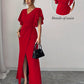 Lotus-Leaf Sleeve V-Neck Waist-Cinching Slim-Fit Long Dress