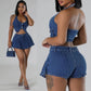 Women's Sleeveless Backless Halter Vest Top Shorts