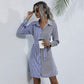 Bow Lace-up Long Sleeve European And American Blue Patchwork Stripes Cardigan Shirt Dress