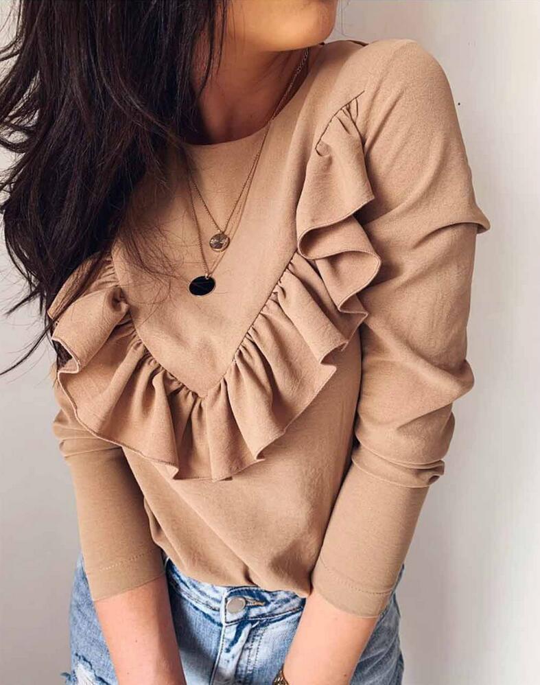 Ruffled round neck long sleeve top