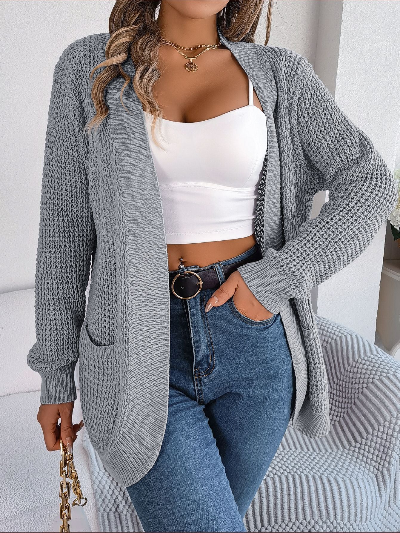 Cardigan en tricot à manches longues et poches décontractées pour l'automne et l'hiver 