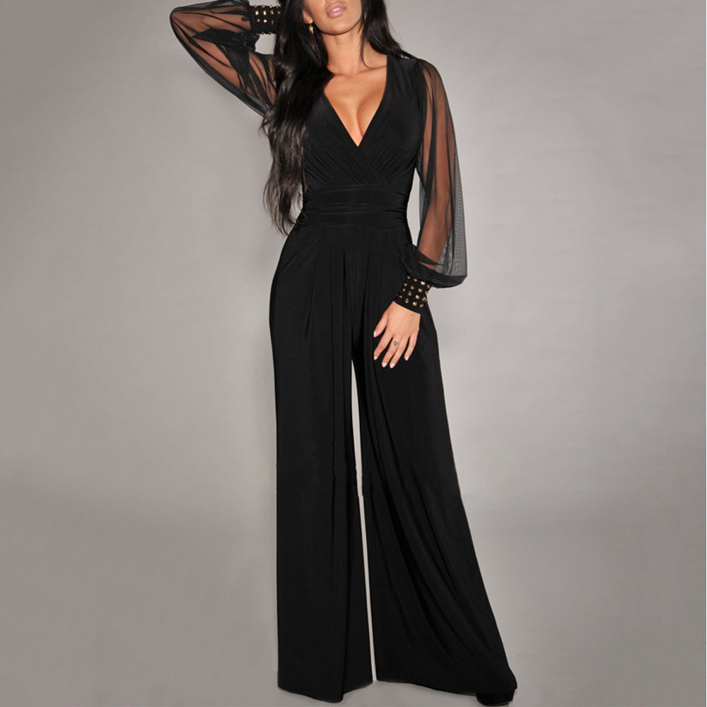 Mesh stitching rivet straight-leg jumpsuit