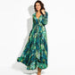 Summer Amazon New Lantern Sleeve V-neck Green Leaf Print Sk