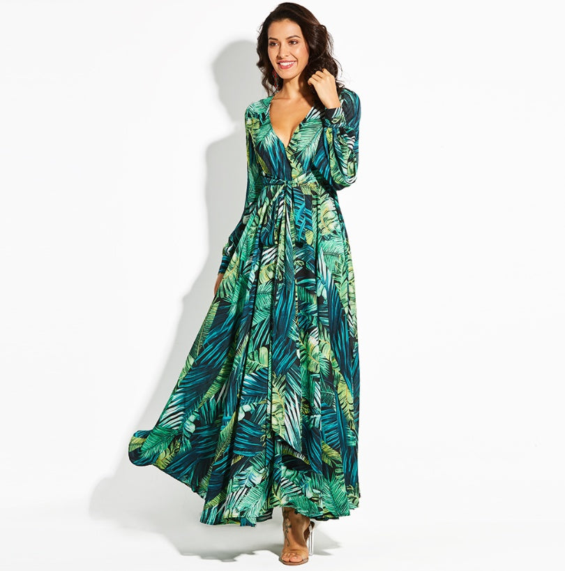 Summer Amazon New Lantern Sleeve V-neck Green Leaf Print Sk