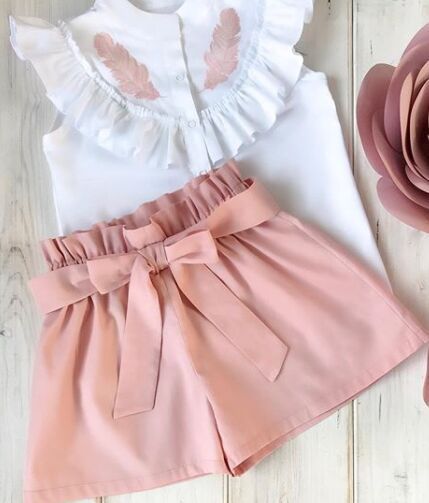 Ensemble 2 pièces short sans manches à col feuille de lotus pour bébé