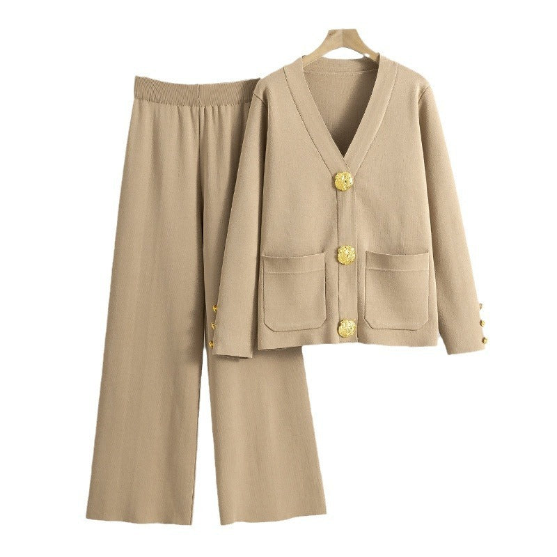 Casual Fashion Metal Buckle Knitted Cardigan Suit