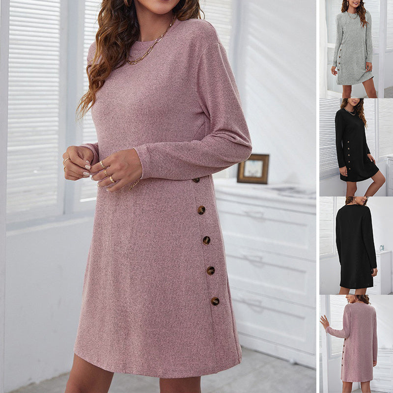 Robe droite à manches longues et col rond pour femme, décontractée, ample, couleur unie, vêtements d'automne et de printemps