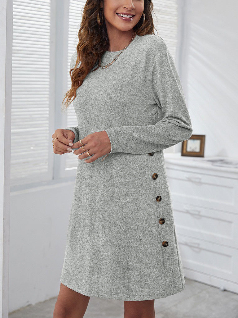 Robe droite à manches longues et col rond pour femme, décontractée, ample, couleur unie, vêtements d'automne et de printemps